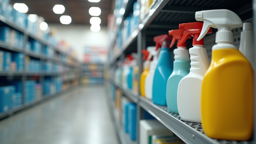 Eye-level view of a well-organized cleaning supply shelf