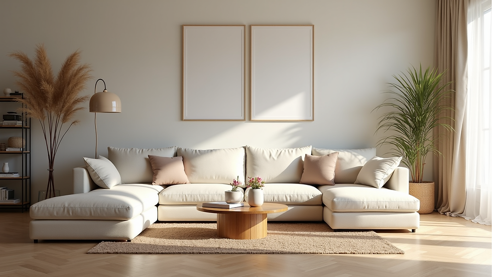Eye-level view of a pristine Airbnb living room with modern decor