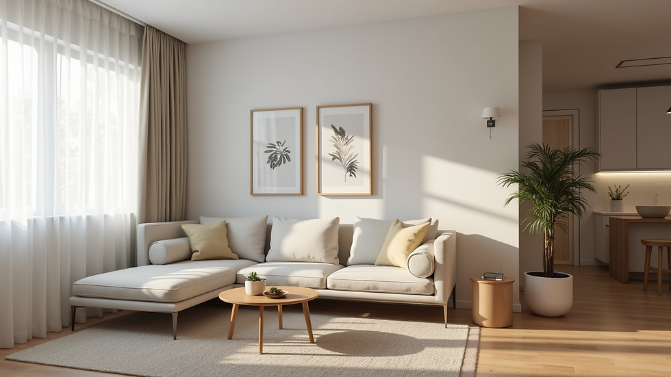 Eye-level view of a clean and organized Airbnb living room