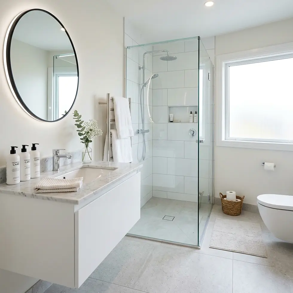 Bright bathroom vanity with towels and toiletries