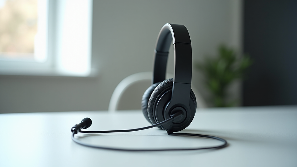 Close-up view of a sleek black office headset on a white desk