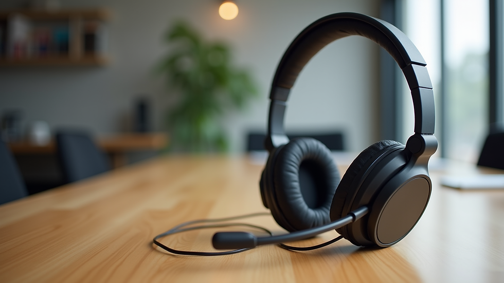 Eye-level view of a wireless office headset resting on a wooden table