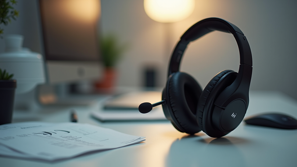 Close-up view of a wireless office headset on a desk