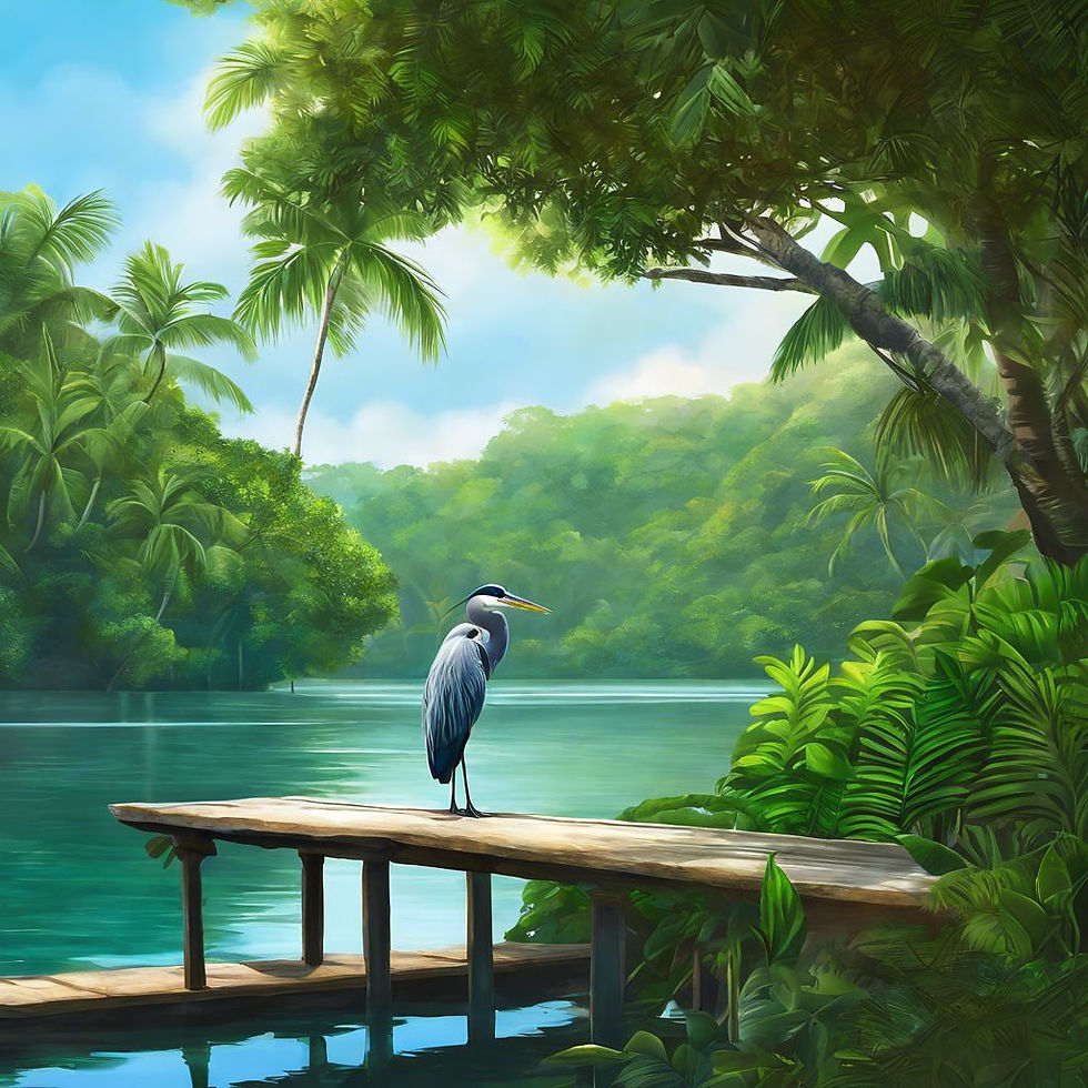 A heron stands on a wooden dock by a lush, green jungle river. Palm trees surround the serene, tropical setting under a bright blue sky.
