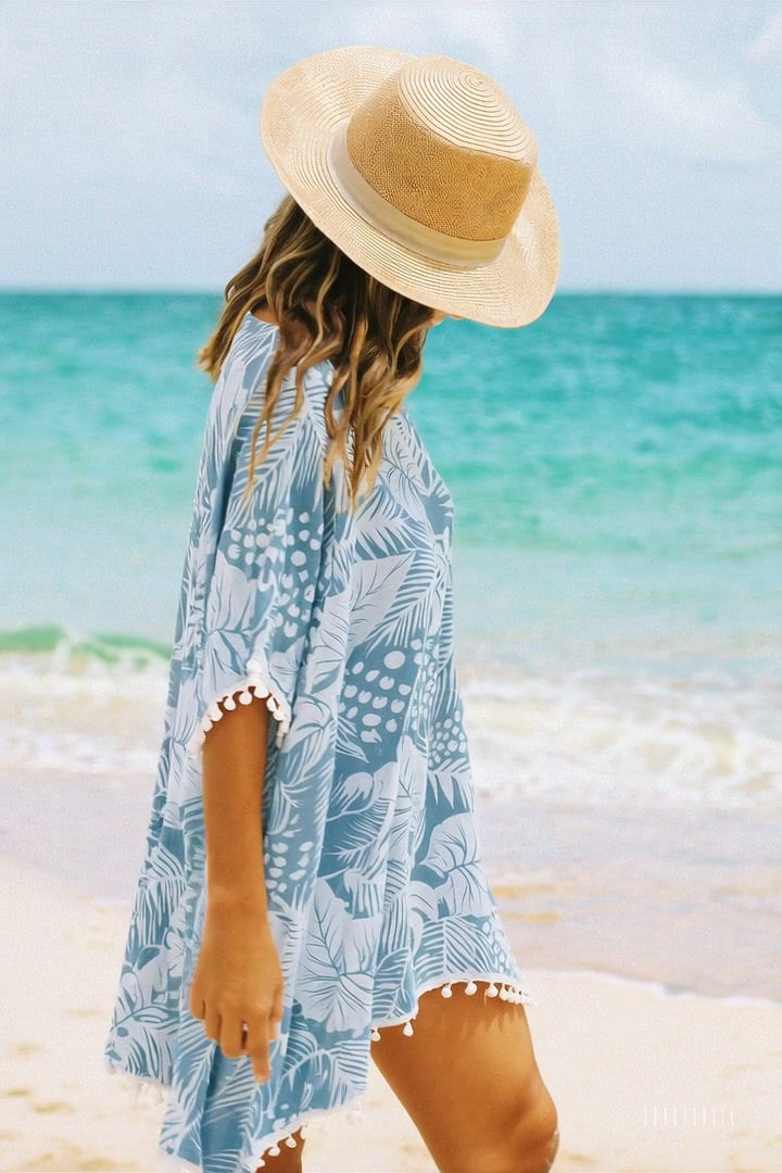 Thumbnail: Indoblu - Tropical Leaf Kaftan - Sky Blue