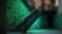 a staircase with stones behind the staircase, graffiti on the walls and a green overlay