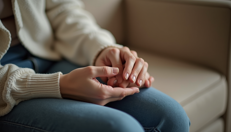 Close-up view of a hand gently holding another hand on a cozy couch