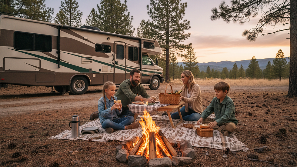 Wide angle view of a family setting up a picnic next to their RV