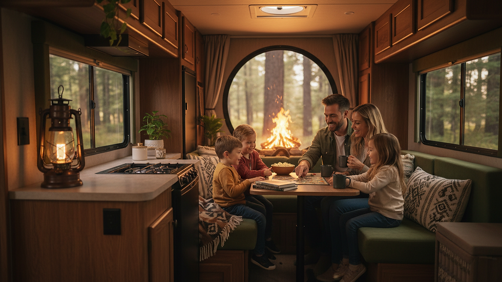 Wide angle view of a family-friendly RV interior with kitchen and seating area