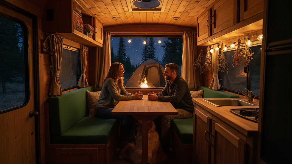 Wide angle view of a cozy RV interior with a dining area and kitchen