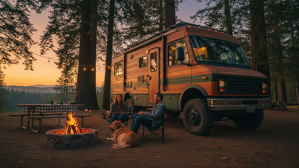 Wide angle view of a motorhome parked at a scenic California campground