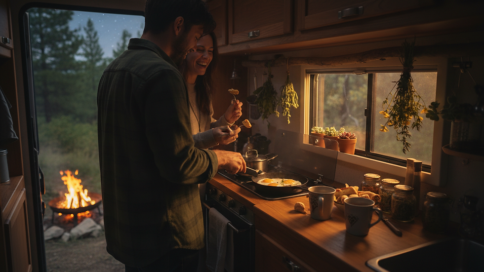 Close-up view of a packed motorhome kitchen with cooking supplies