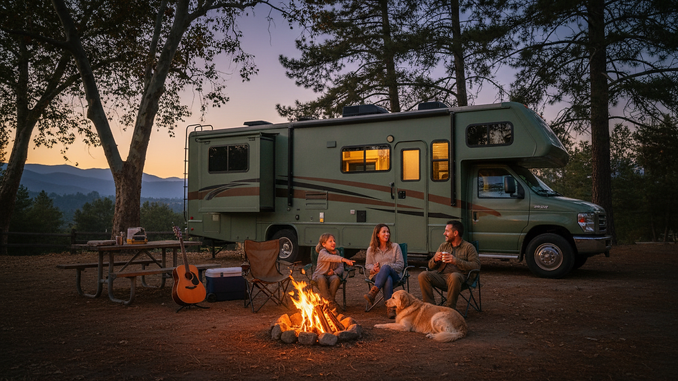 Eye-level view of a spacious Class C motorhome parked at a California campground