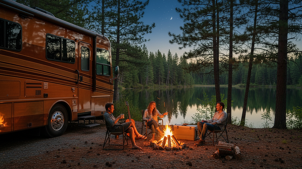 Eye-level view of a luxury RV parked beside a serene lake with tall pine trees