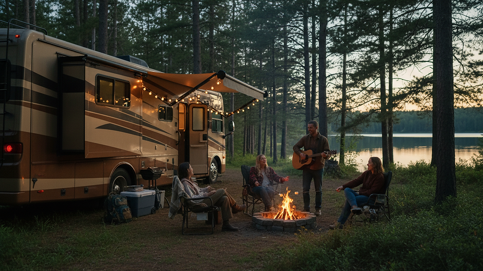 Eye-level view of a spacious RV parked at a scenic campsite