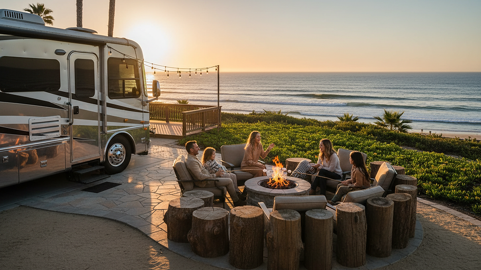 Wide angle view of a luxury RV site with ocean view at a California beach resort