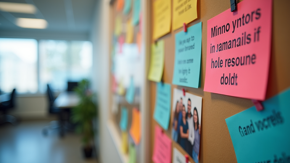 Close-up view of a colorful office bulletin board with motivational quotes and team photos