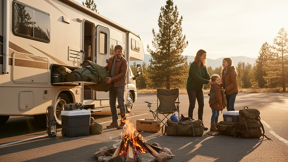 Wide angle view of a family loading camping gear into an RV at a sunny parking lot