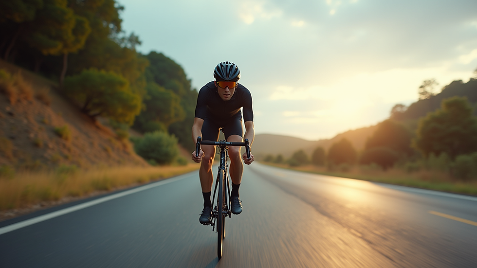 Eye-level view of a road bike rider in aerodynamic position on a smooth road