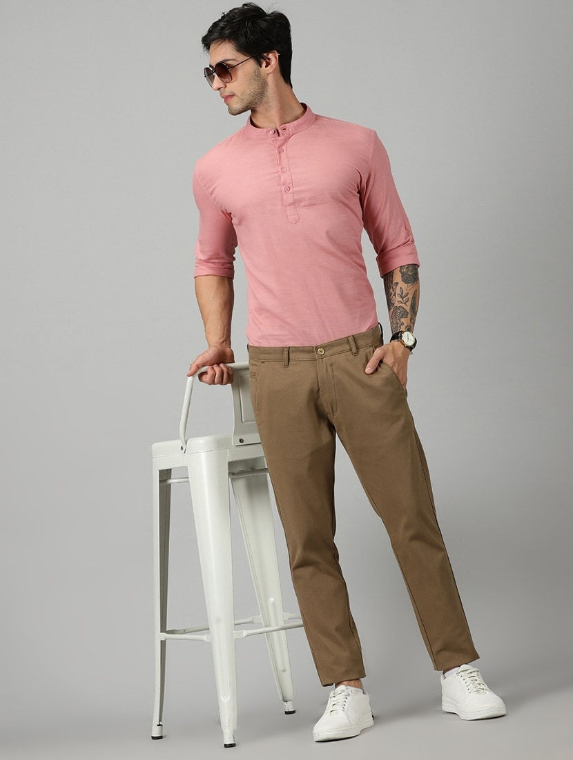 Thumbnail: Men Brown Solid Cotton Ankle Length Chinos Casual Trouser