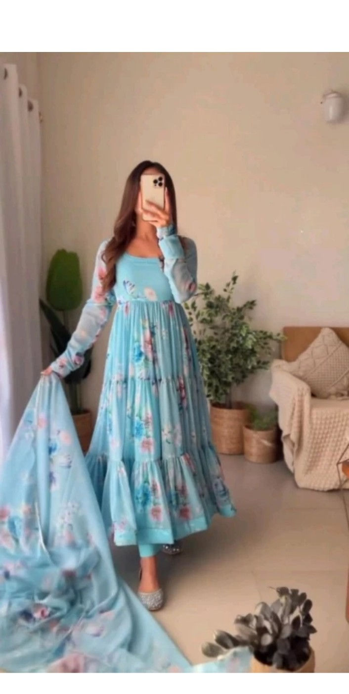 Thumbnail: Printed Anarkali Kurta, Bottom & Dupatta Set