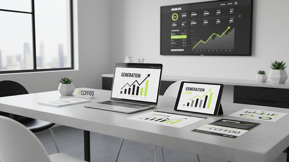 Eye-level view of a small business office with a laptop and marketing materials