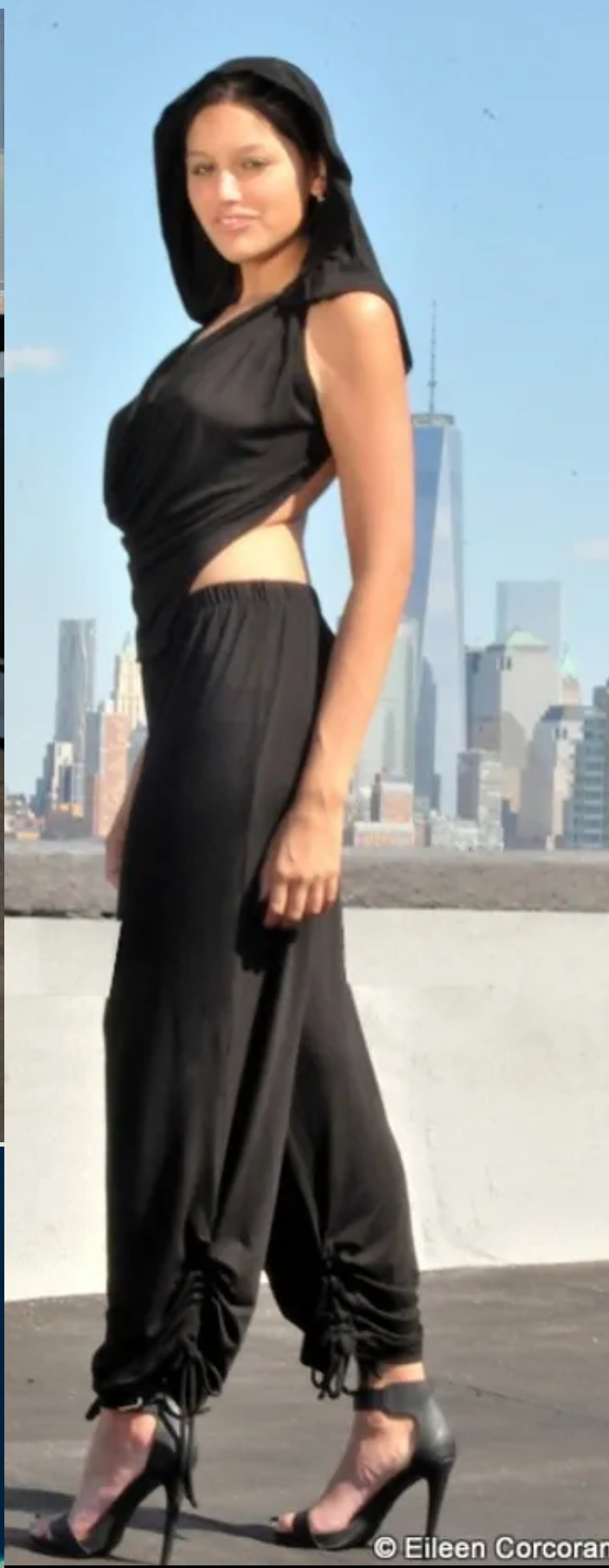 hooded snap off, cowl neck, drawstring leg jersey jumpsuit