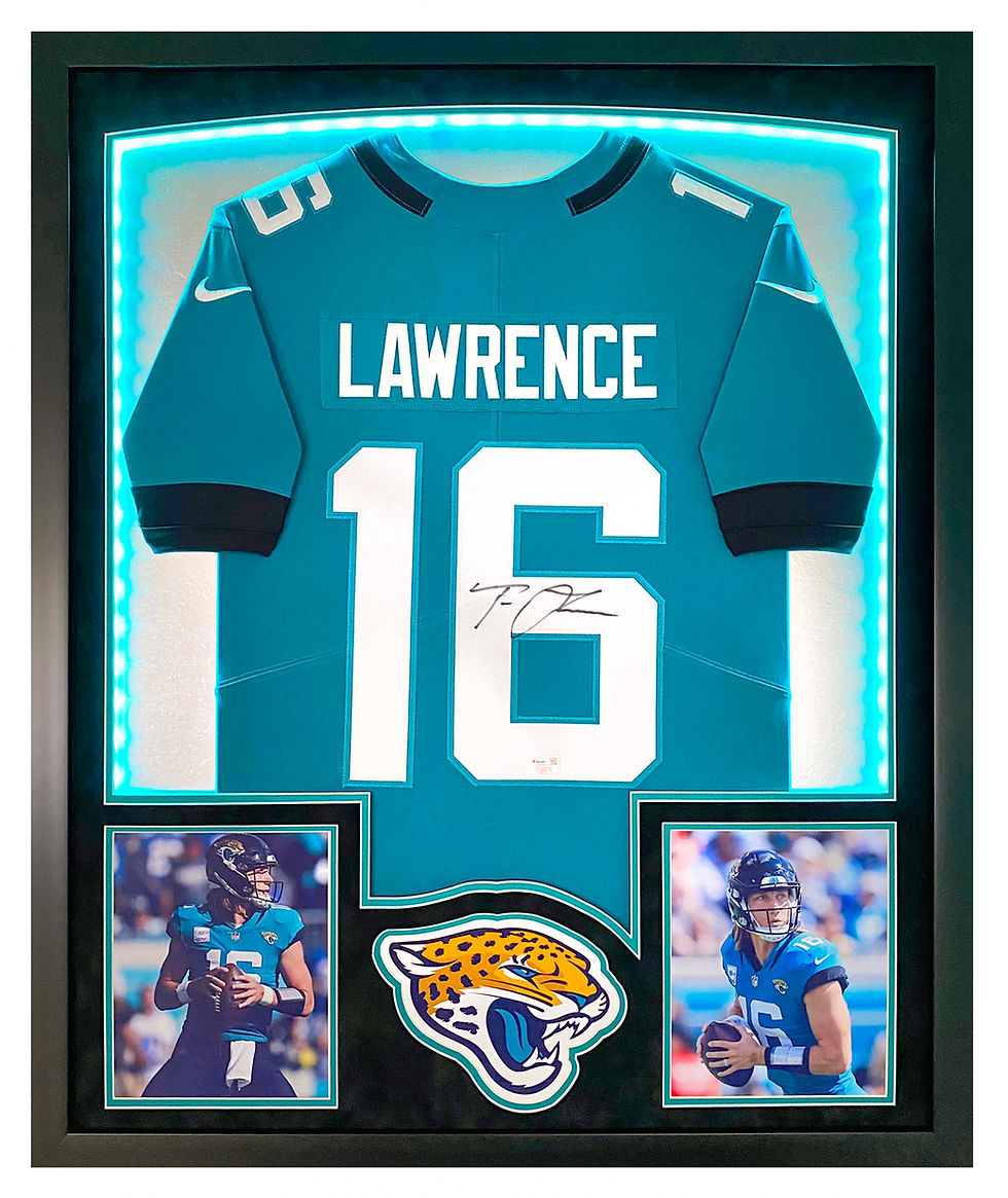 Thumbnail: Trevor Lawrence Autographed Jaguars Custom Framed Jersey w/LED Lights Fanatics
