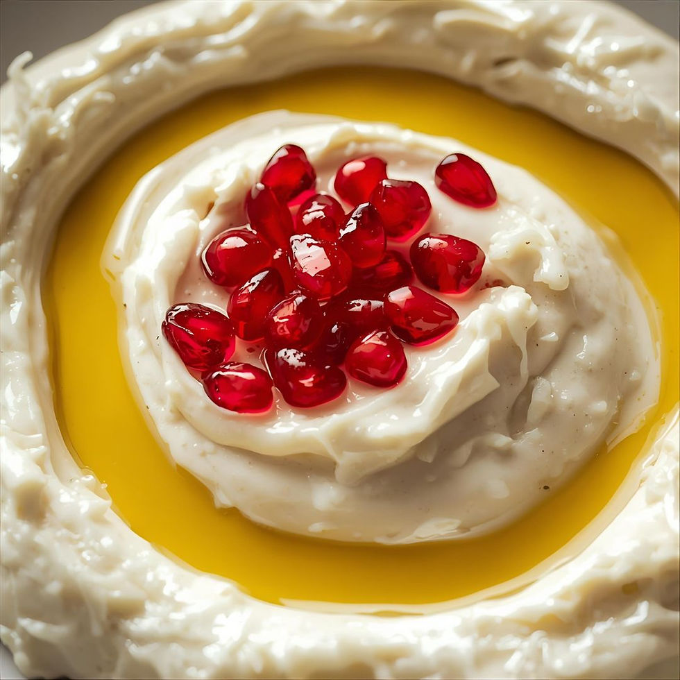 Close-up of whipped feta dip with olive oil swirls and bright pomegranate seeds.