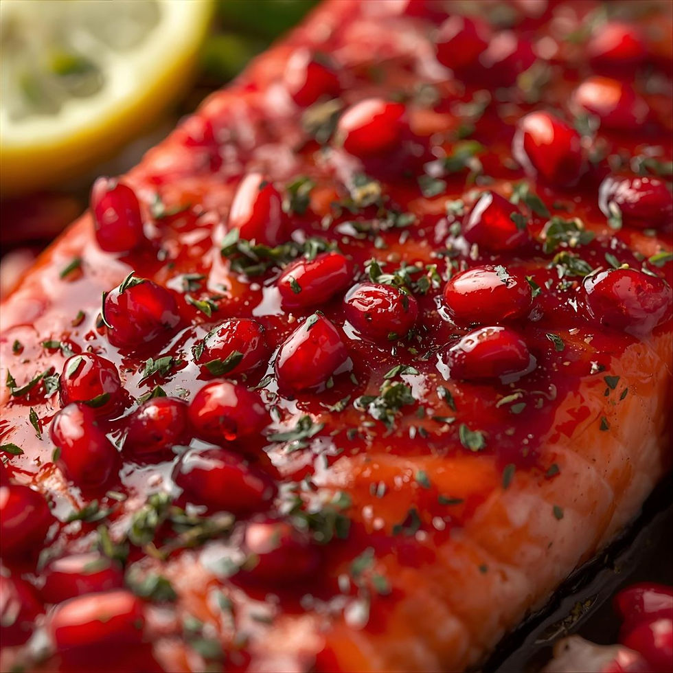 Close-up of pomegranate-glazed salmon with shiny ruby glaze and herbs.
