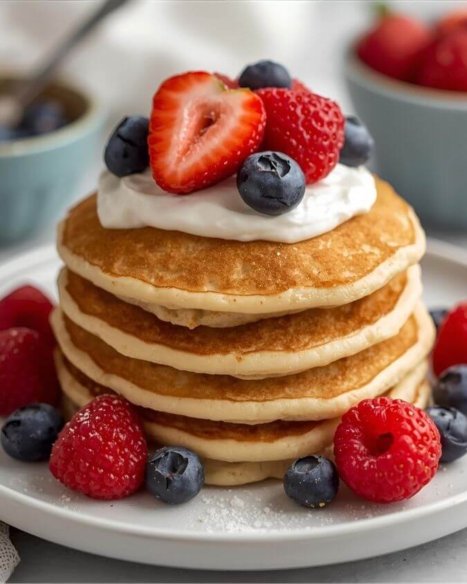 Stack of fluffy almond flour pancakes topped with Greek yogurt and fresh berries