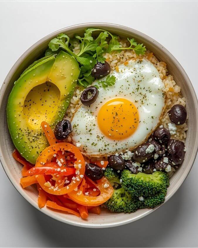 Buddha bowl with cauliflower rice, vegetables, avocado, fried egg, feta, and olives