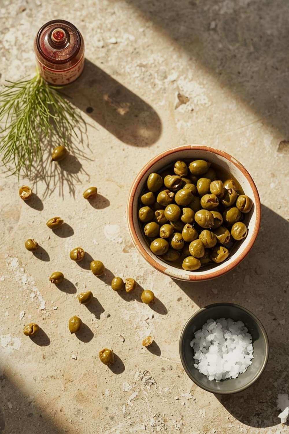 Small jar of capers with Mediterranean herbs and olive oil on a wooden surface