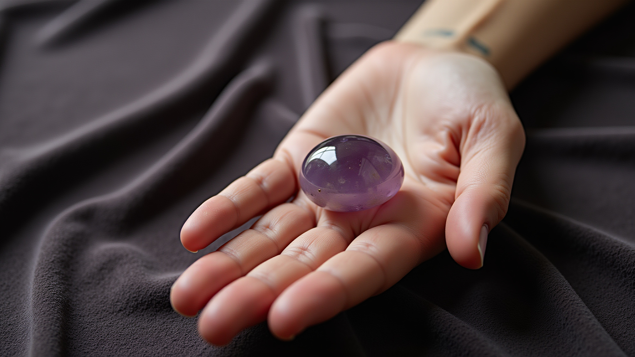 Hand holding a polished amethyst stone