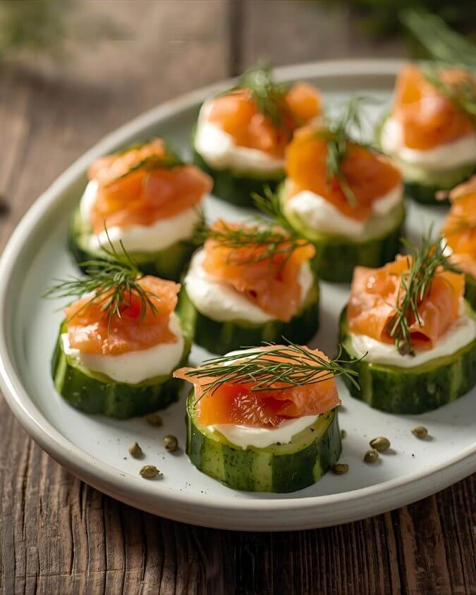 Cucumber rounds topped with cream cheese, smoked salmon, capers, and fresh dill arranged on serving plate