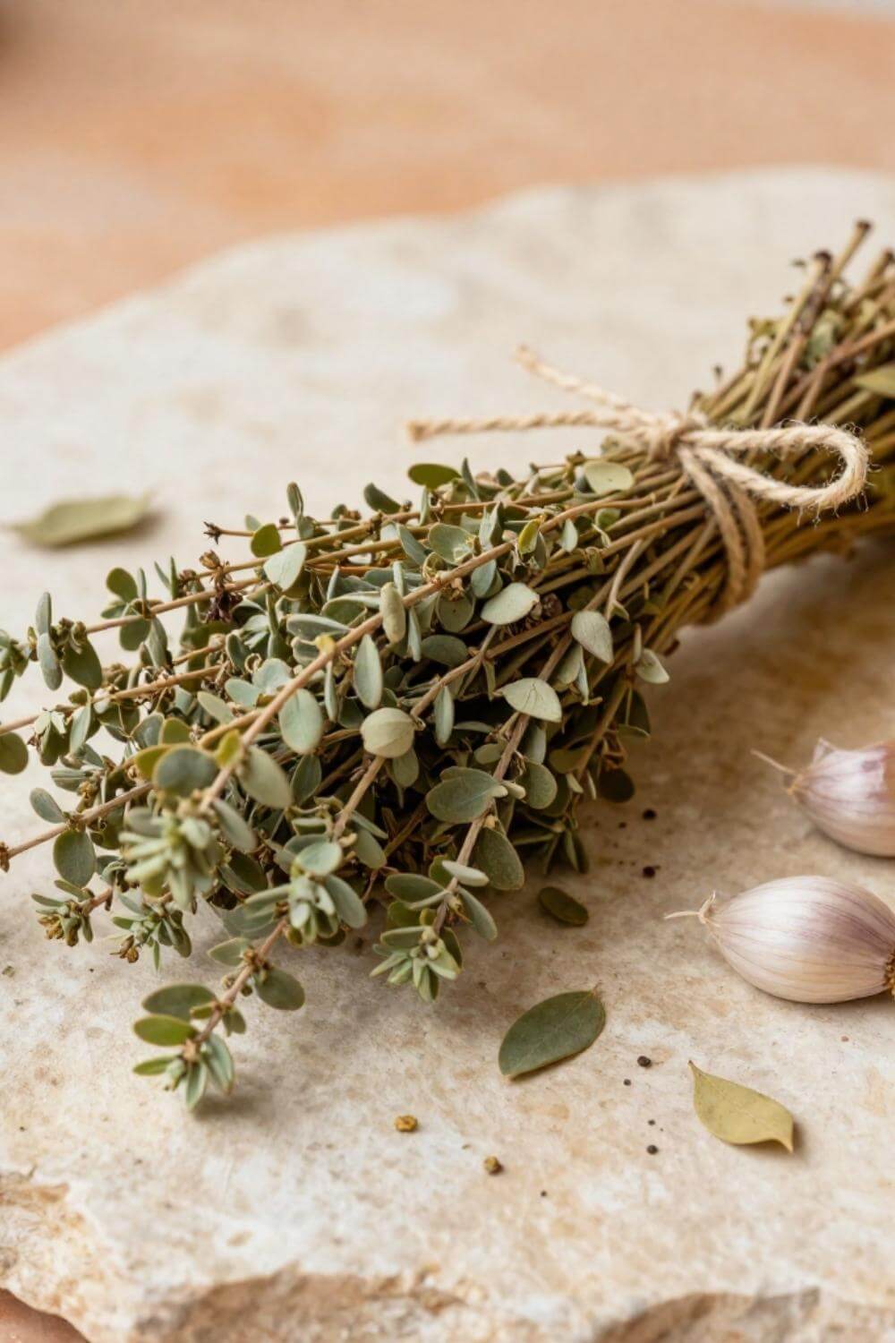 Bunches of dried wild Greek oregano hanging against a whitewashed Mediterranean wall