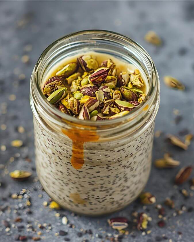 Chia pudding in glass jar topped with pistachios and tahini drizzle