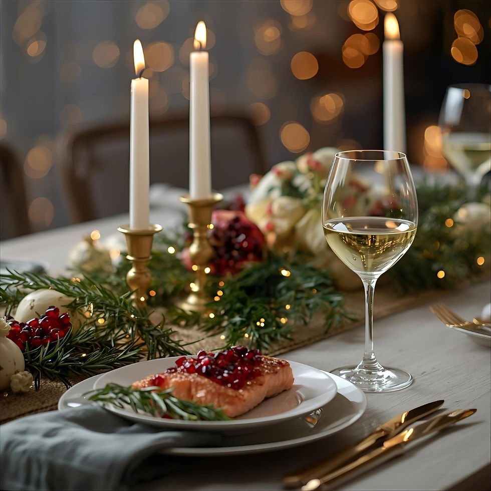 Mediterranean Christmas table with pomegranate-glazed salmon centerpiece surrounded by candles and herbs.