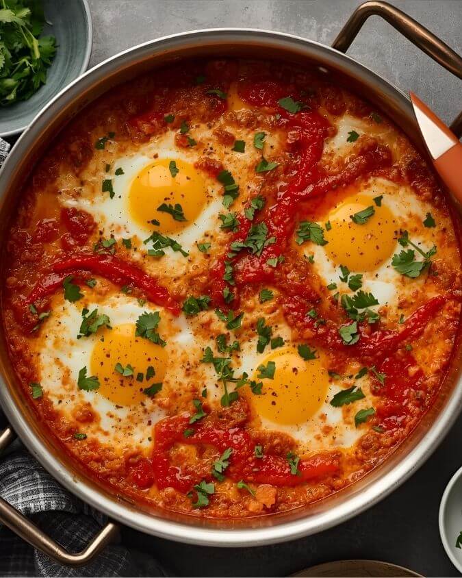 Turkish menemen with scrambled eggs in spiced tomato-pepper sauce in copper pan