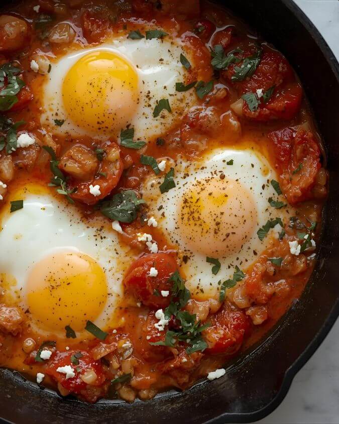 Eggs poached in spiced tomato sauce with feta in cast iron skillet