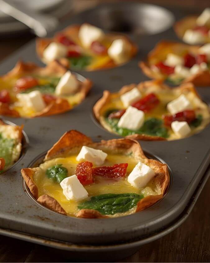 Muffin tin filled with baked egg cups with spinach, feta, and sun-dried tomatoes
