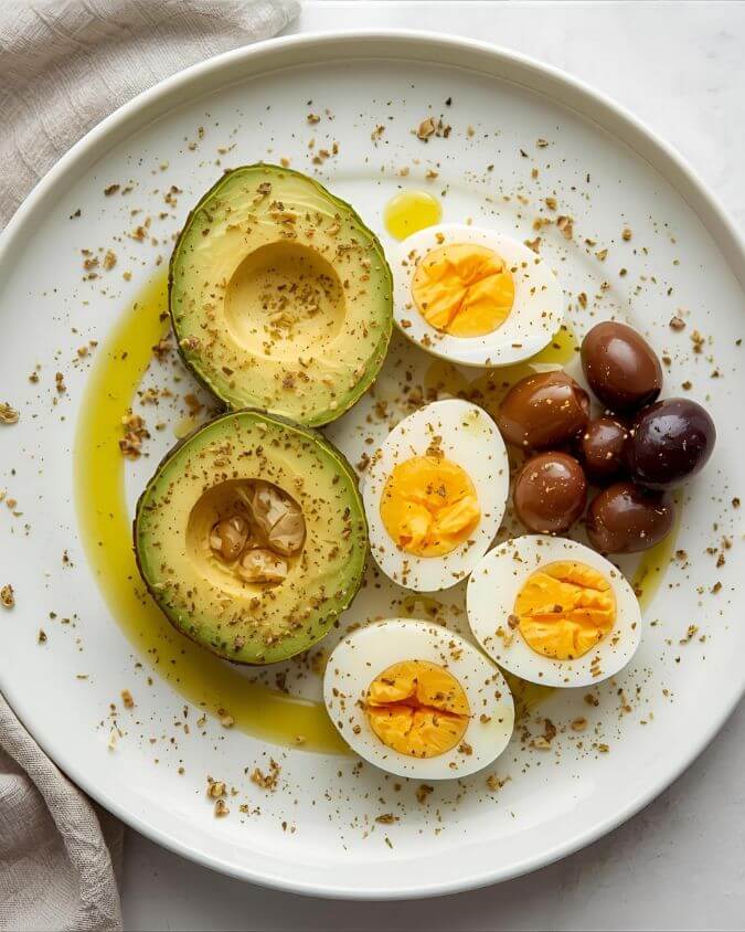 Sliced avocado with hard-boiled eggs, olives, and za'atar on a white plate with olive oil drizzle