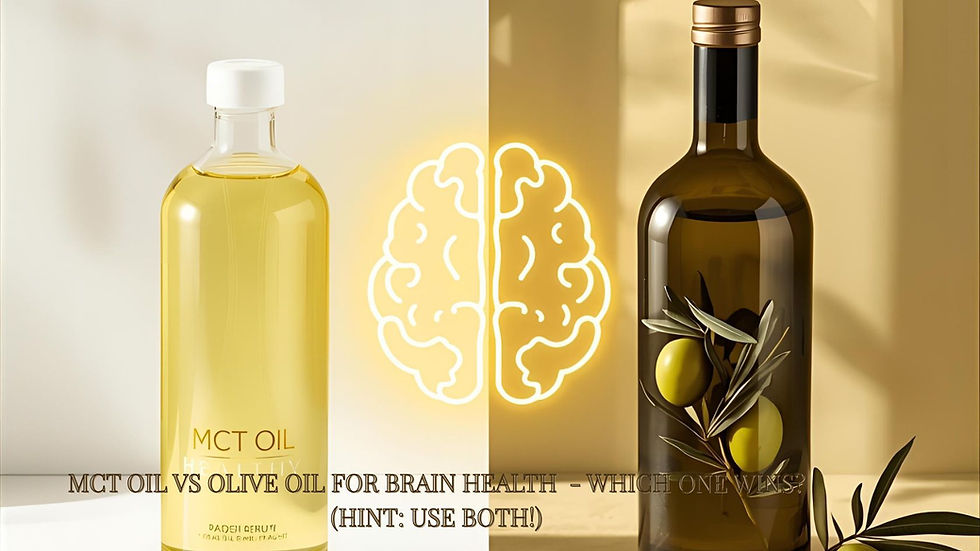 Side-by-side visual of MCT oil and olive oil with a glowing brain icon, illustrating their combined benefits for brain health.