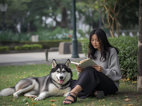 A woman sitting beside her husky in a quiet corner of the park, reading a book while the dog relaxes nearby. A moment of connection, calm, and healing.