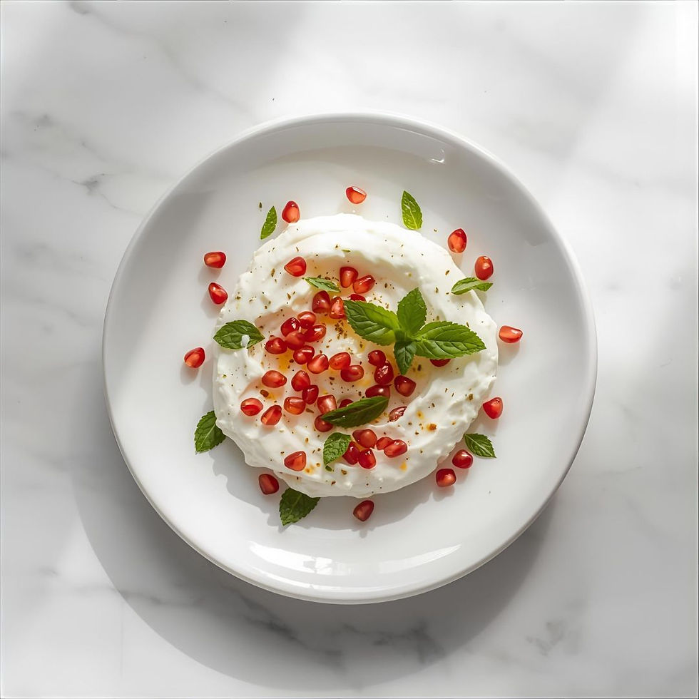 Minimalist top-down photo of whipped feta dip garnished with pomegranate and mint on a white background.