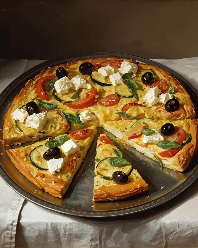 Sliced frittata with zucchini, tomatoes, feta, and olives on a serving platter