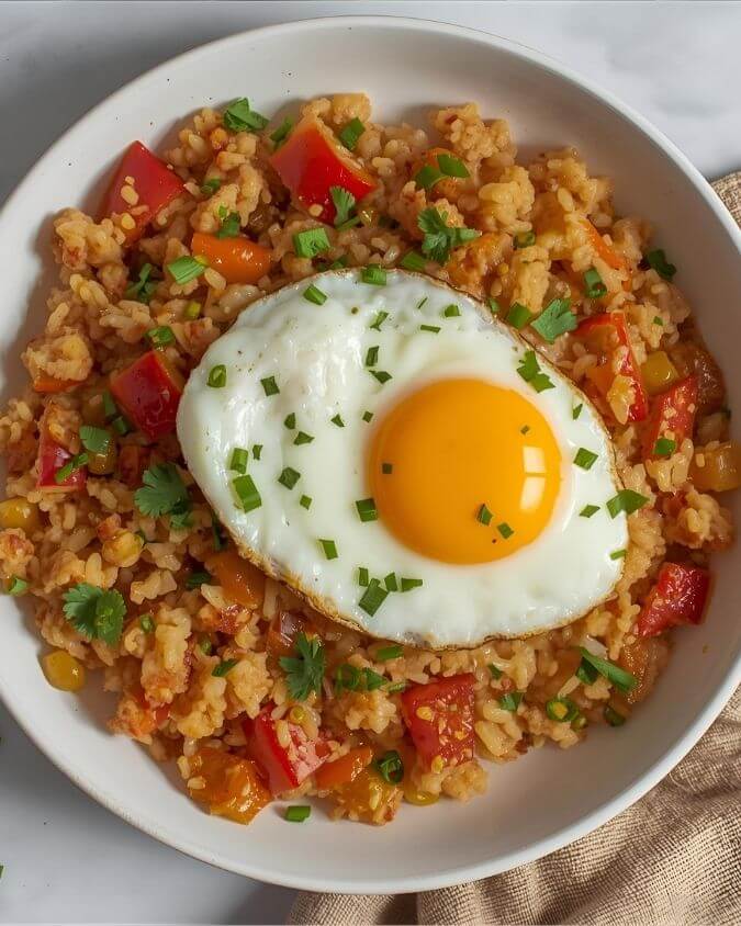 Golden cauliflower rice hash with bell peppers topped with sunny-side-up egg