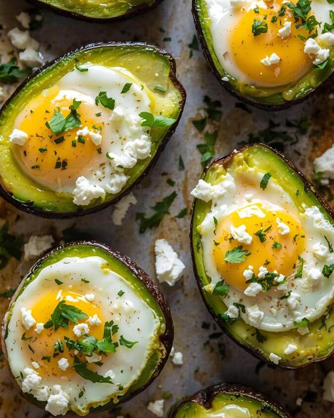 Avocado halves with baked eggs, topped with feta and fresh herbs on baking sheet