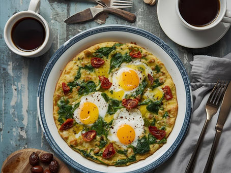 A plate with three scrambled eggs with feta cheese, spinach, and sun-dried tomatoes