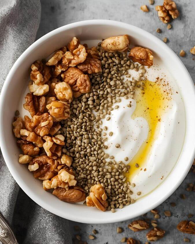 Greek yogurt bowl topped with walnuts, hemp hearts, and olive oil drizzle with cinnamon in white bowl